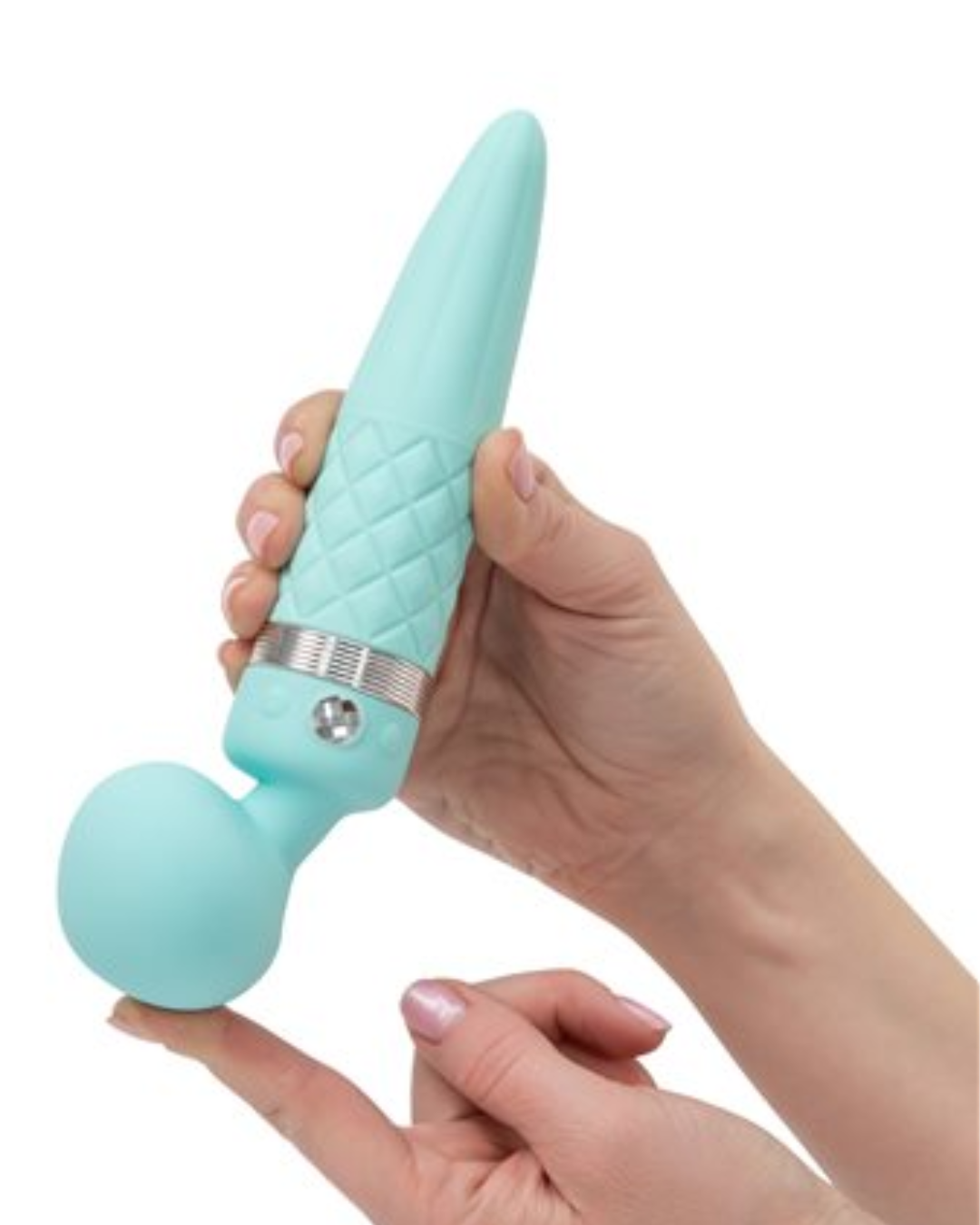 Pillow Talk Sultry Waterproof Double Ended Wand Vibrator - Teal held in a hand with a finger showing the flexibility of the neck