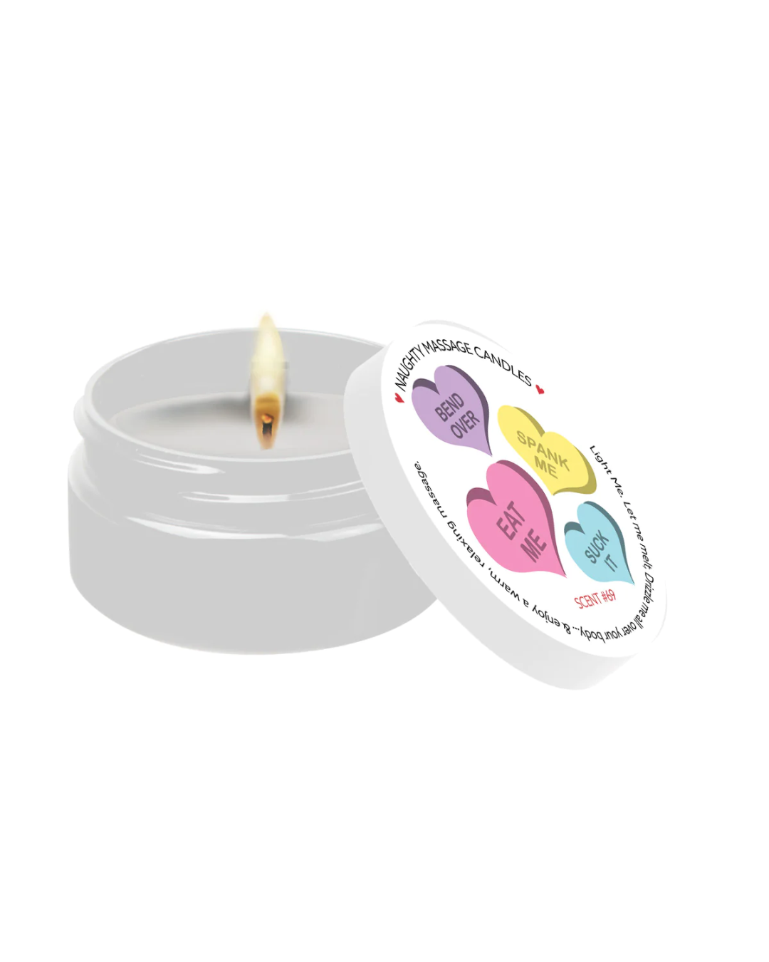 Valentine Massage Oil Candle - Candy Hearts tin with lid off 