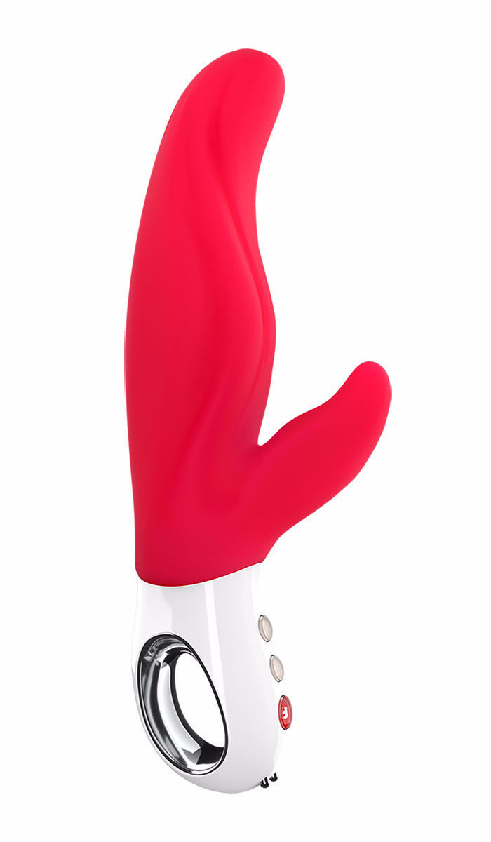Fun Factory Lady Bi Dual Stimulator Vibrator - India Red against a white background side view showing the loop handle