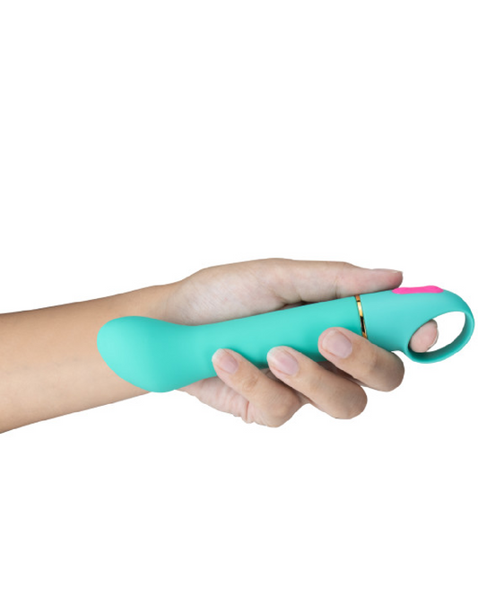 Aria Flirty AF G-Spot Vibrator -Teal held in hand 