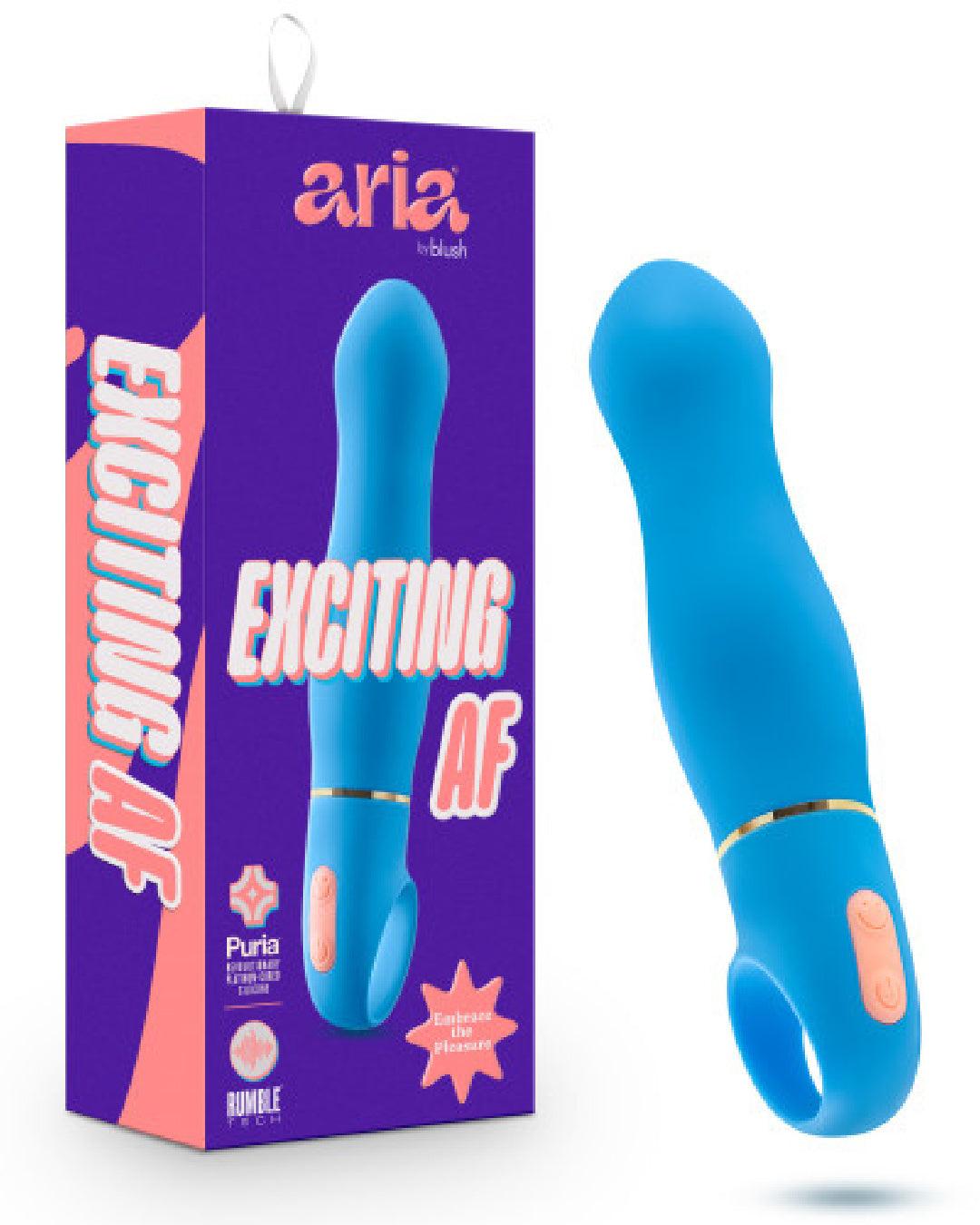 Aria Exciting AF Beginner G-Spot Vibrator - Blue next to product box 