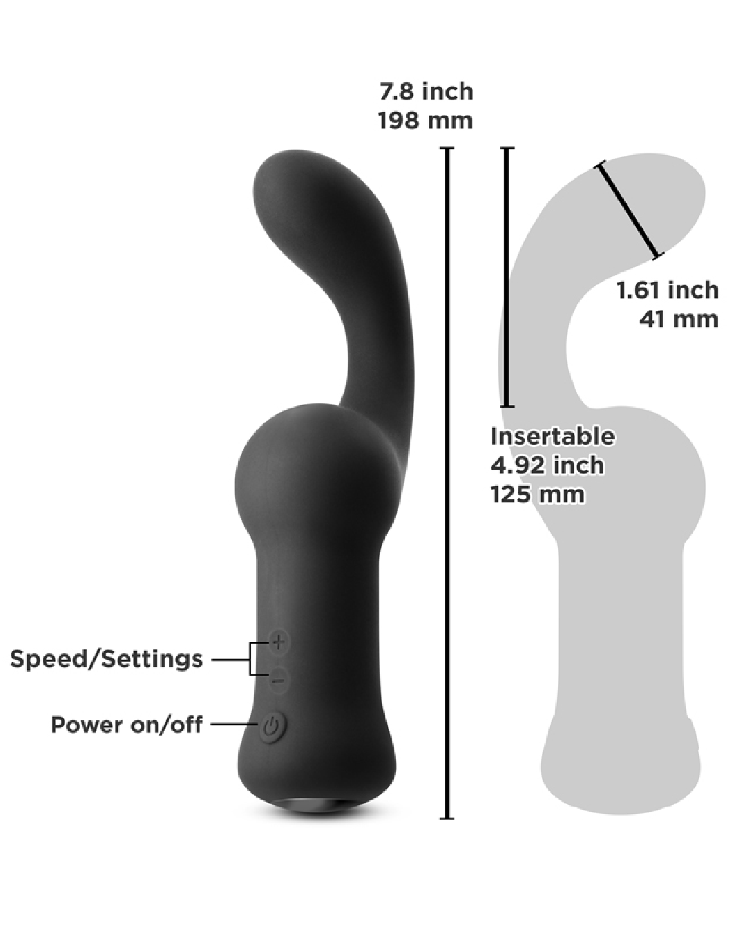 Renegade Curve Vibrating Prostate Massager graphic showing measurements 