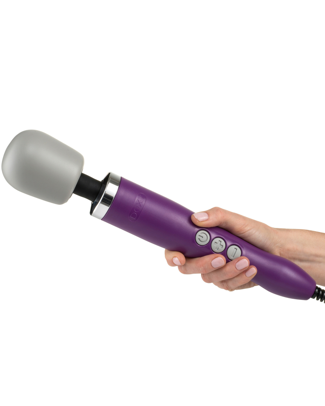 Doxy Extra Powerful Massage Wand Vibrator Purple product held in model's hand 