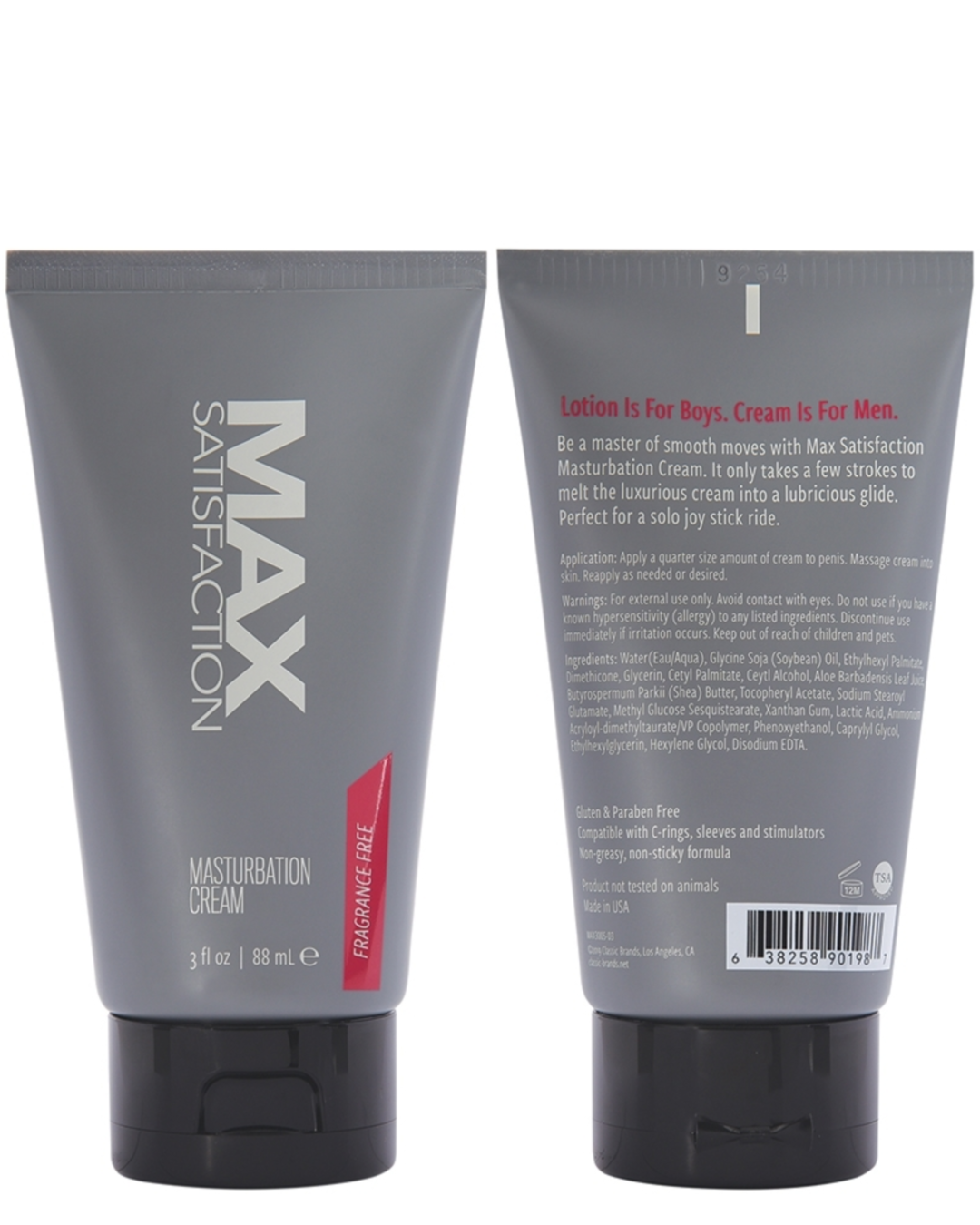 Max Satisfaction Masturbation Cream 3 oz front and back of tube 