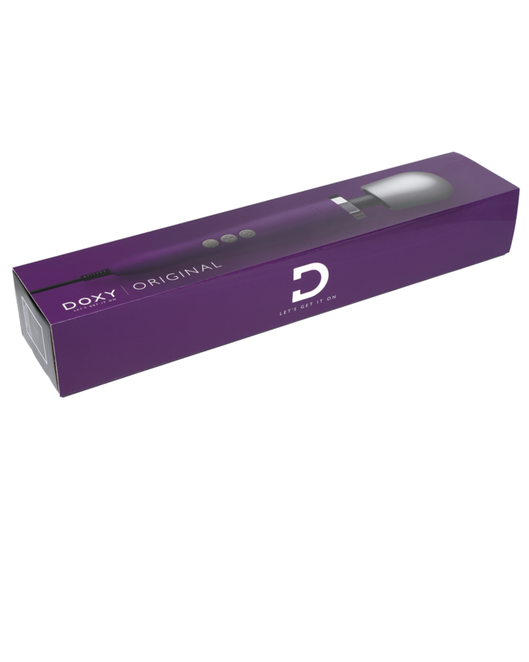 Doxy Extra Powerful Massage Wand Vibrator Purple box with lid on it 