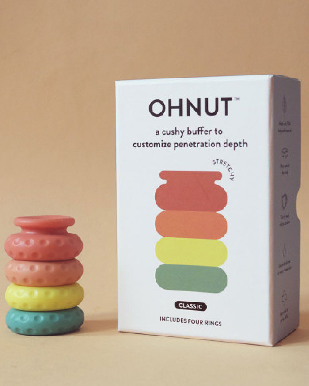 Ohnut Set of 4 Wearable Penetration Adjustment Rings - Rainbow rings next to white product box with a beige background 