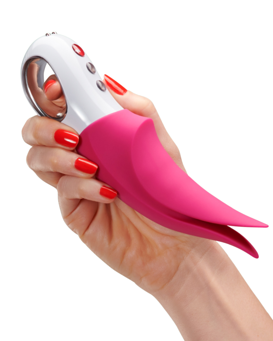 Fun Factory Volta External Vibrator - pink held in a woman's hand to show the size