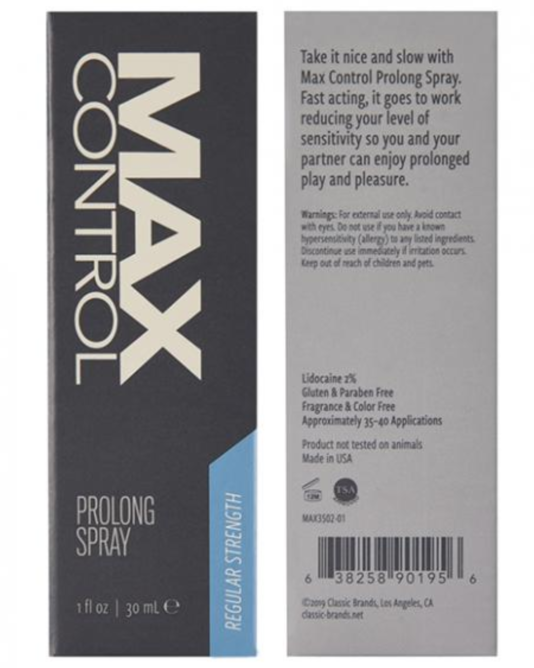 Max Control Prolong Spray Regular Strength - 1oz front and back of product box 