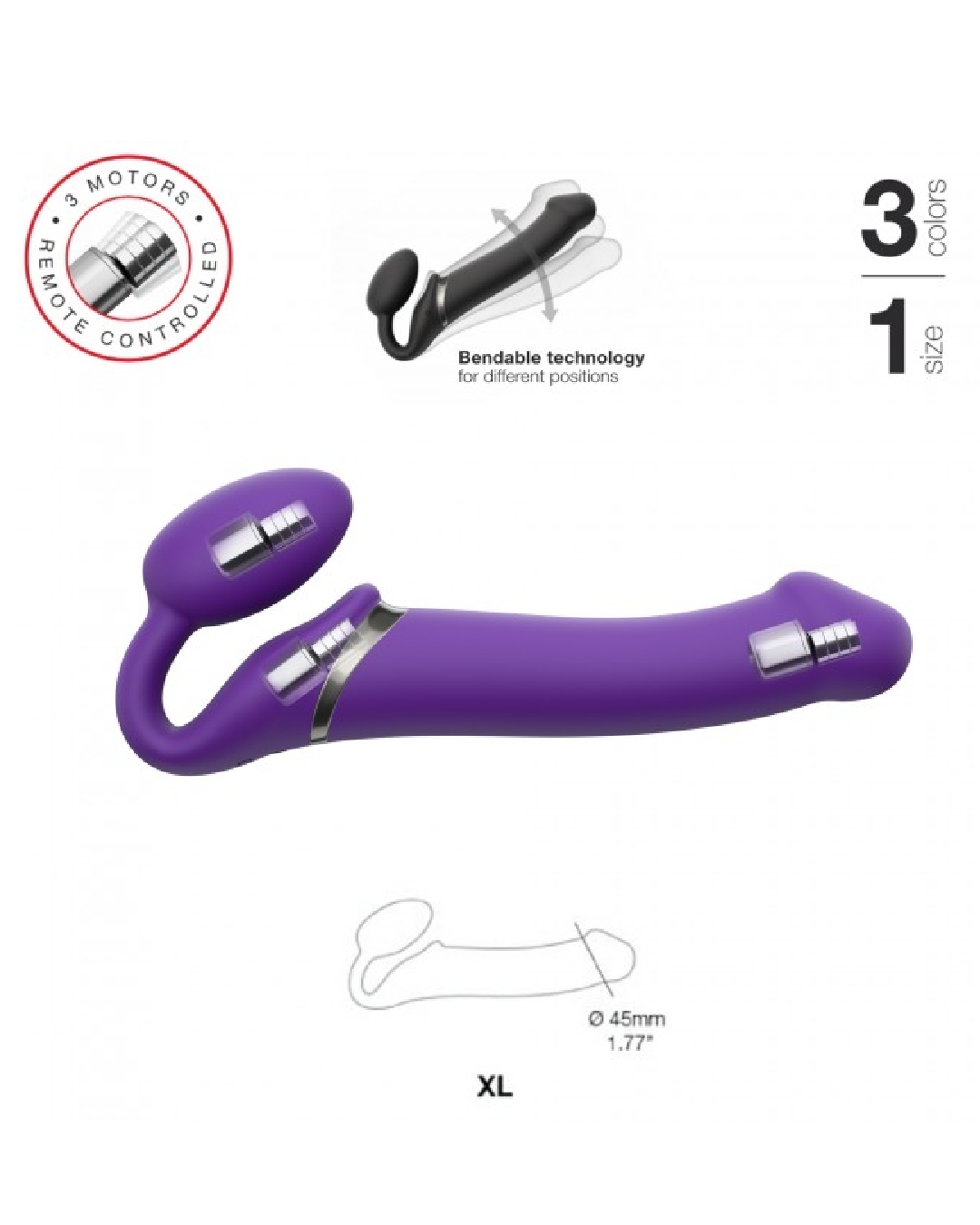 Lovely Planet Vibrating Strapless Strap On Purple- X Large graphic showing product features 