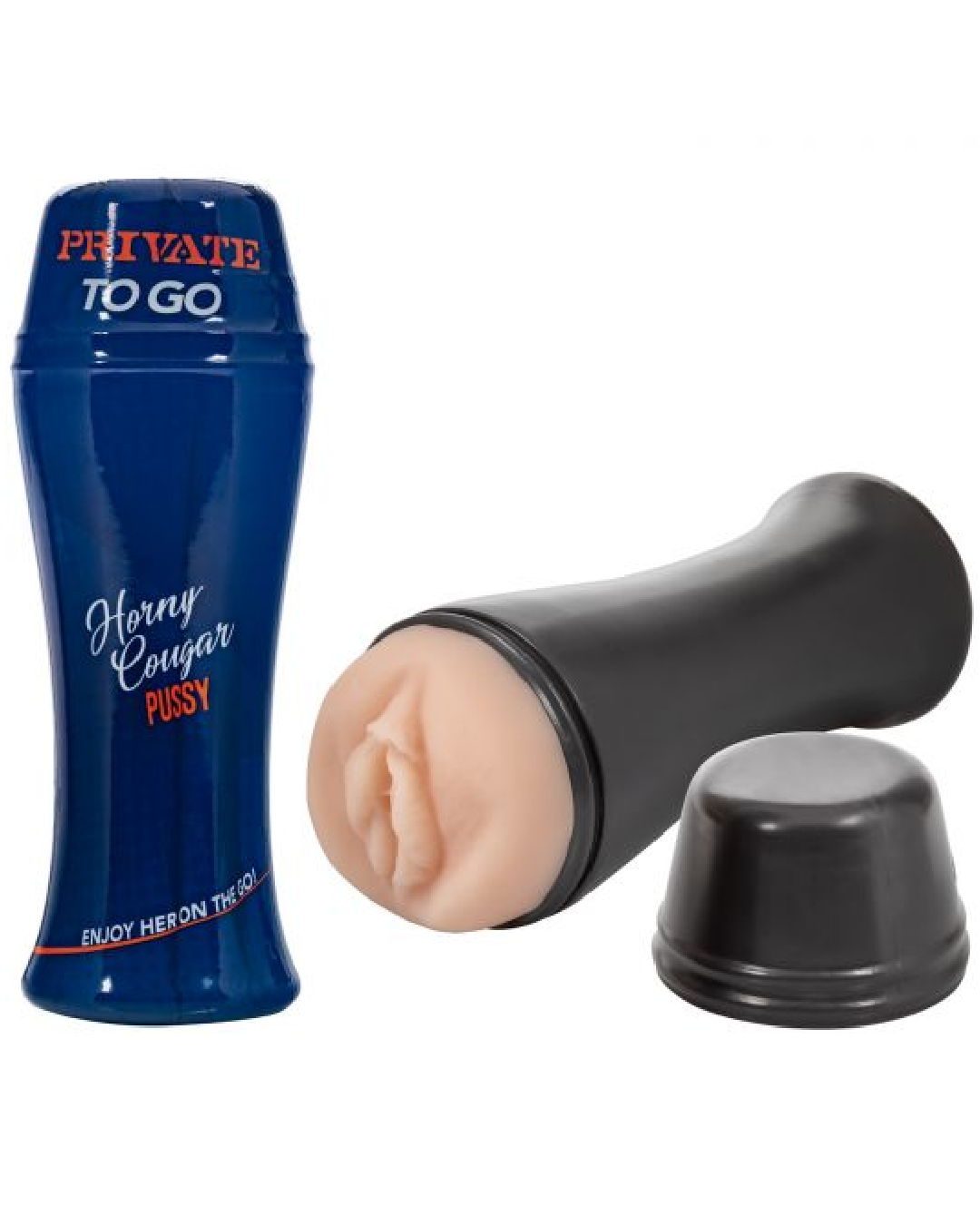 Private Horny Cougar to Go Realistic Travel Stroker (Vagina)  horizontal with lid off and next to another closed tube