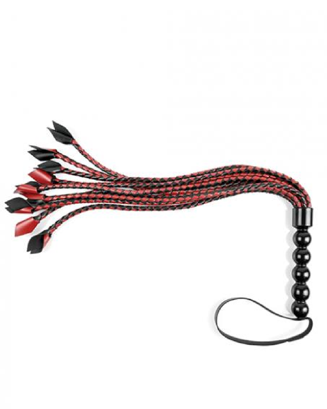 Saffron Braided Flogger by Sportsheets  fanned out to the left with handle upright on white background 