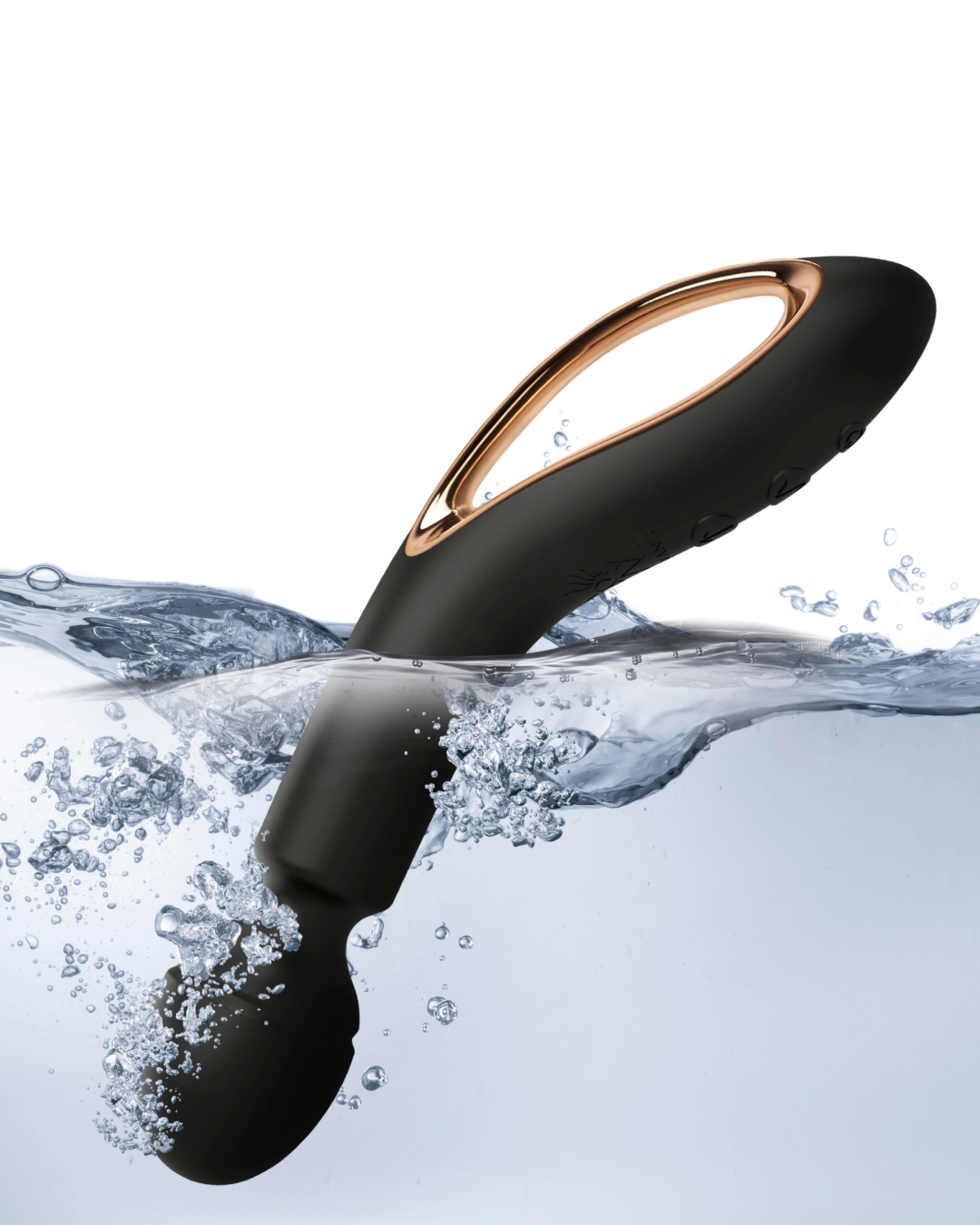 Copy of O Wand II Cordless Vibrator - Black  wand with gold trim submerged in water 