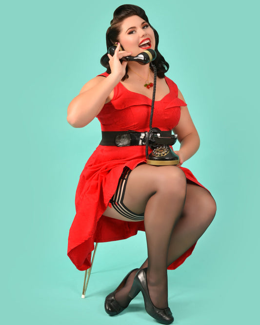Kix'ies Taylor Silky Sheer Black Fishnet Thigh Highs (sizes A-D) on pinup model