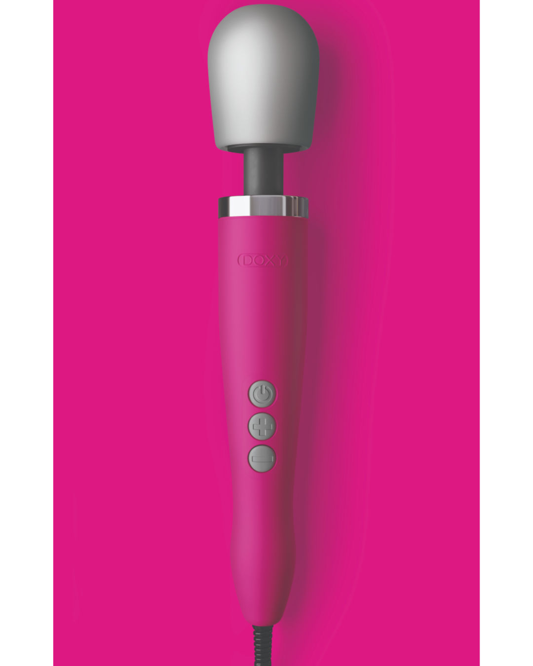 Doxy Extra Powerful Wand Vibrator - Pink on a lighter pink background showing the wand and buttons
