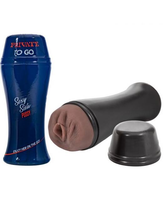 Private Sexy Lady to Go Realistic Vacuum Cup Travel Stroker (Vagina) horizontal with lid off and next to another closed tube