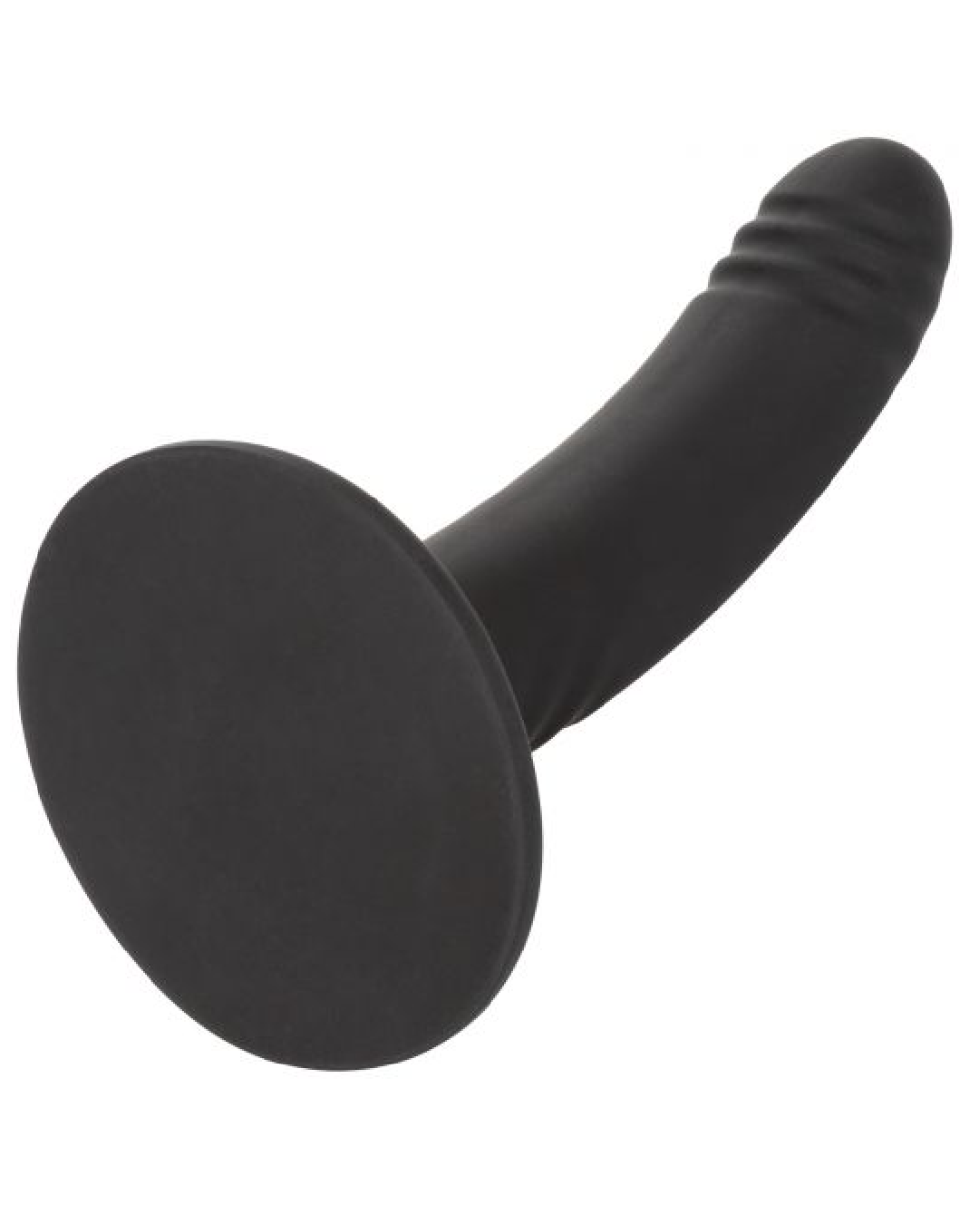 Boundless 6 Inch Ridged Silicone Dildo - Black tilted upwards with a focus on the suction cup base