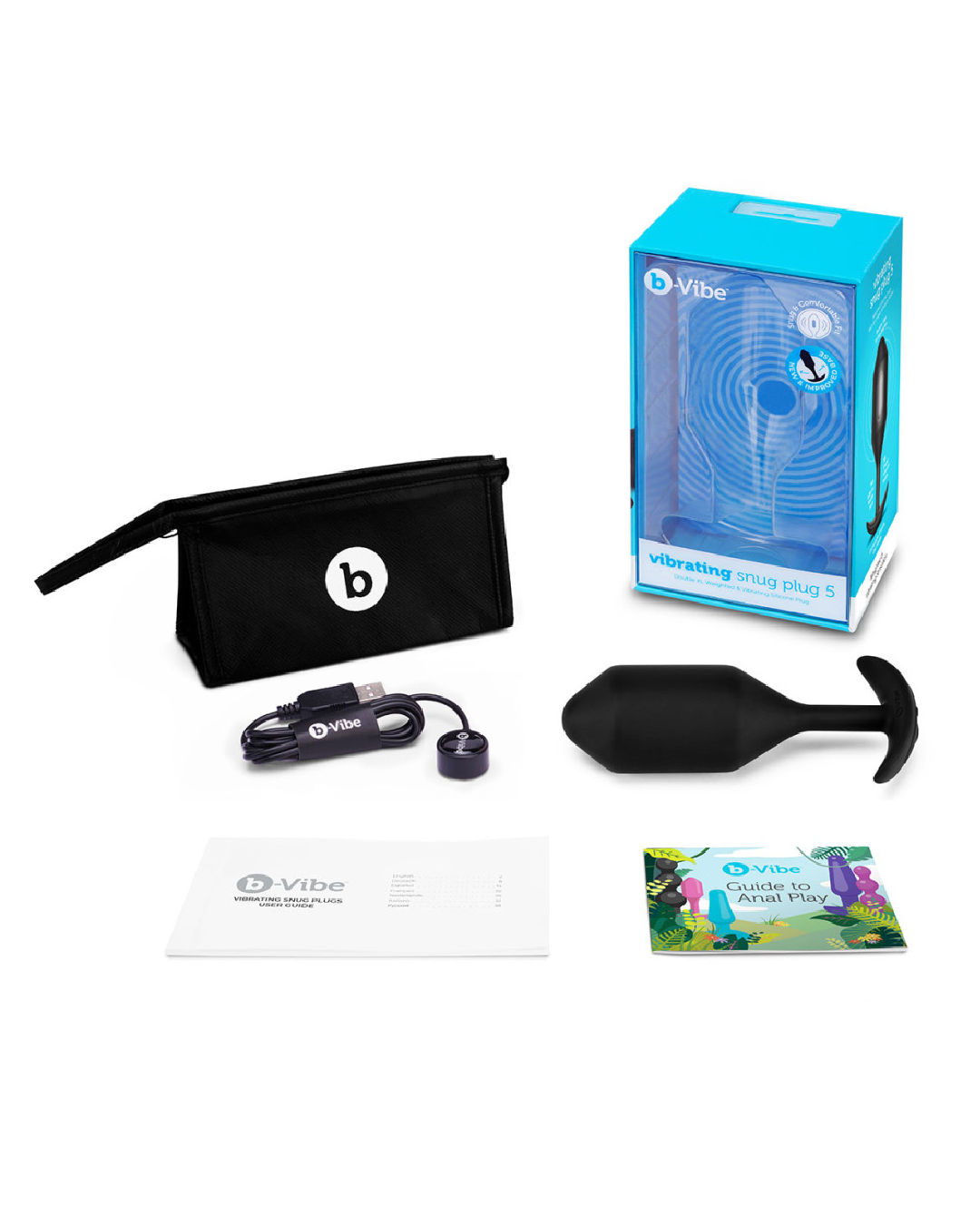 B-Vibe Vibrating Snug Plug 5 (XXL) - Black showing toy and box contents