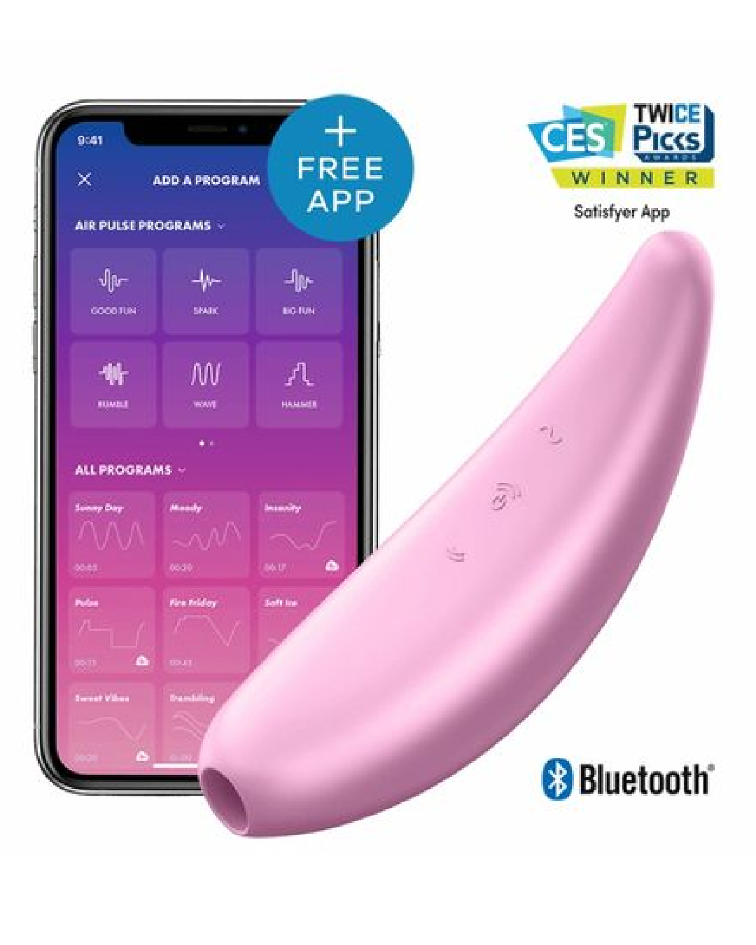 Satisfyer Curvy 3+ Pressure Wave + Vibration Stimulator - Pale Pink shown with a smart phone that displays the Satisfyer app
