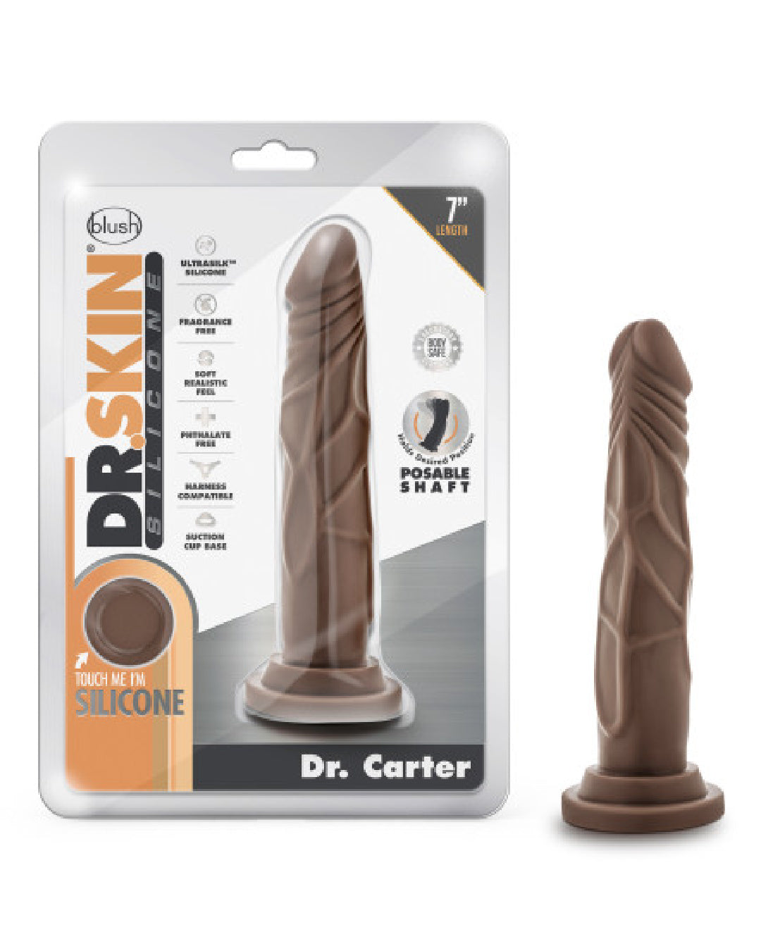 Dr Carter 7 Inch Silicone Dildo - Chocolate next to package 