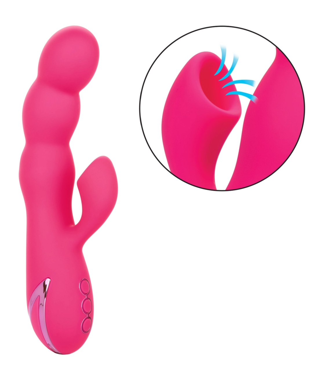 California Dreaming Oceanside Orgasm Dual Stimulation Vibrator next to close up picture showing air pulsation 