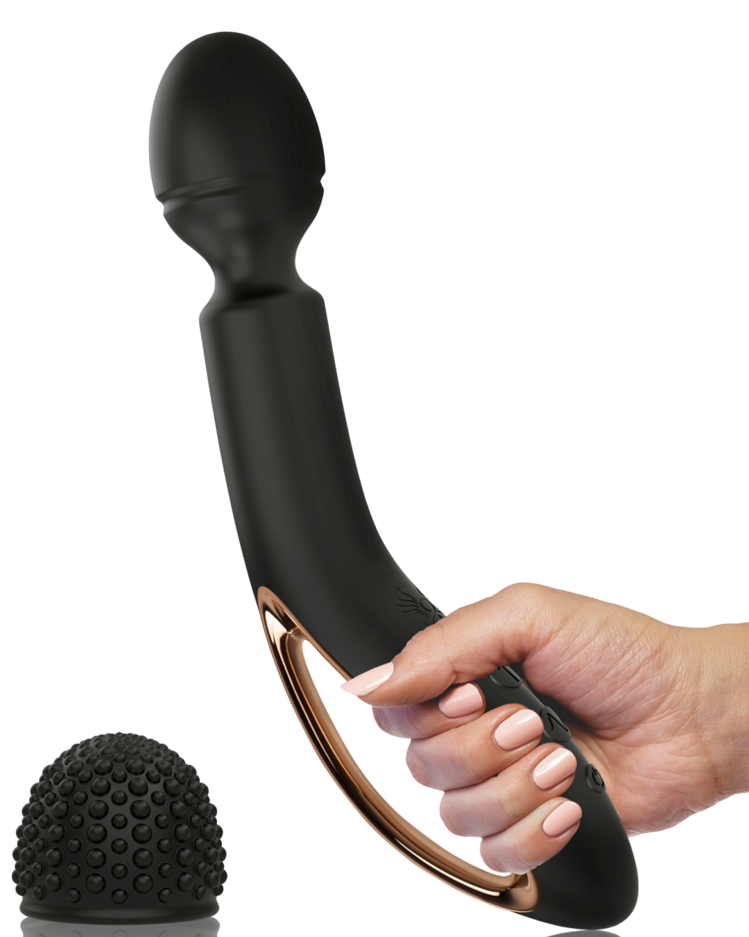 Copy of O Wand II Cordless Vibrator - Black  held in model's hand with attachment next to it 