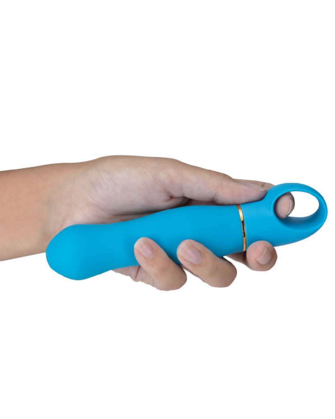 Aria Exciting AF Beginner G-Spot Vibrator - Blue held in model's hand 