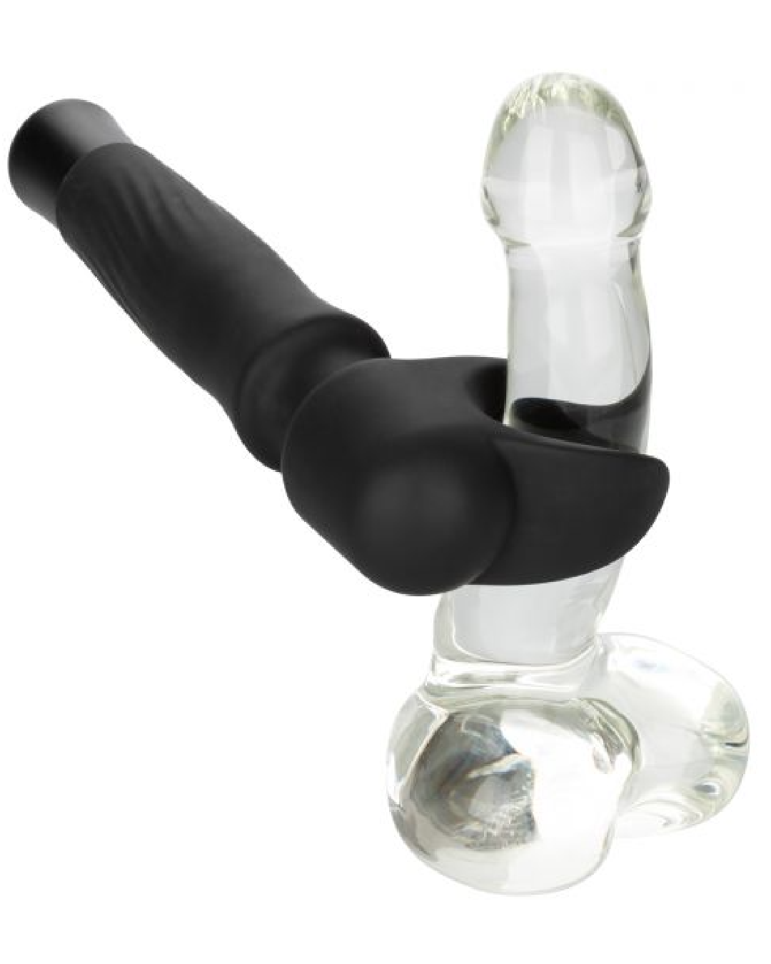 Optimum Power Masturwand Vibrating Masturbator used on a clear dildo