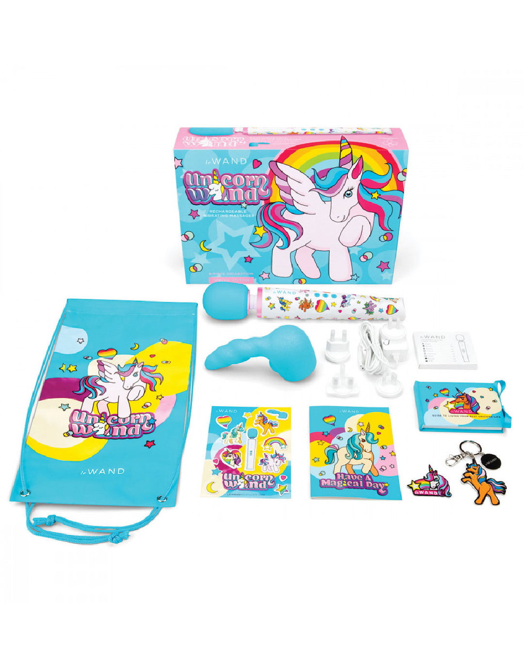 Le Wand Unicorn Wand 8 Piece Set with unicorn patterned wand, drawstring bag, attachment, accessories, key chain, book