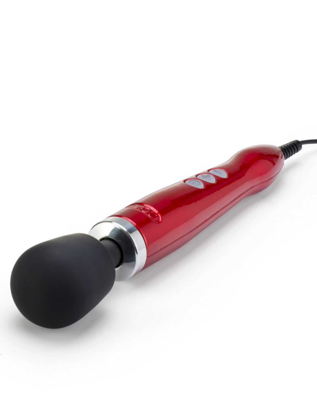 Doxy Die Cast Extra Powerful Massage Wand Vibrator - Redl aying down from head to cord 