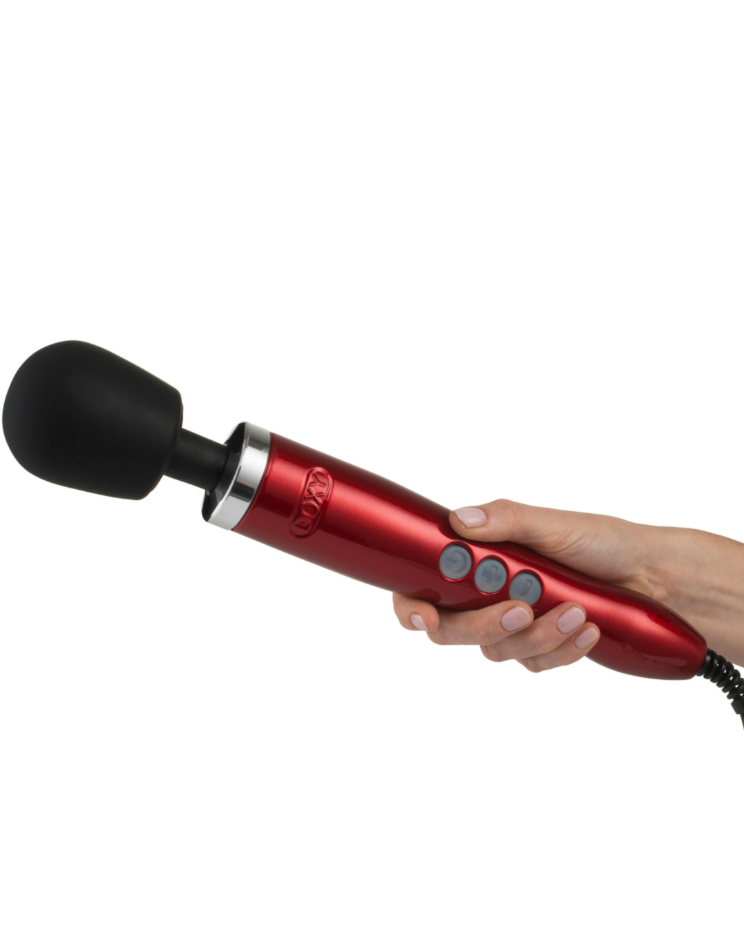 Doxy Die Cast Extra Powerful Massage Wand Vibrator - Red held in model's hand 