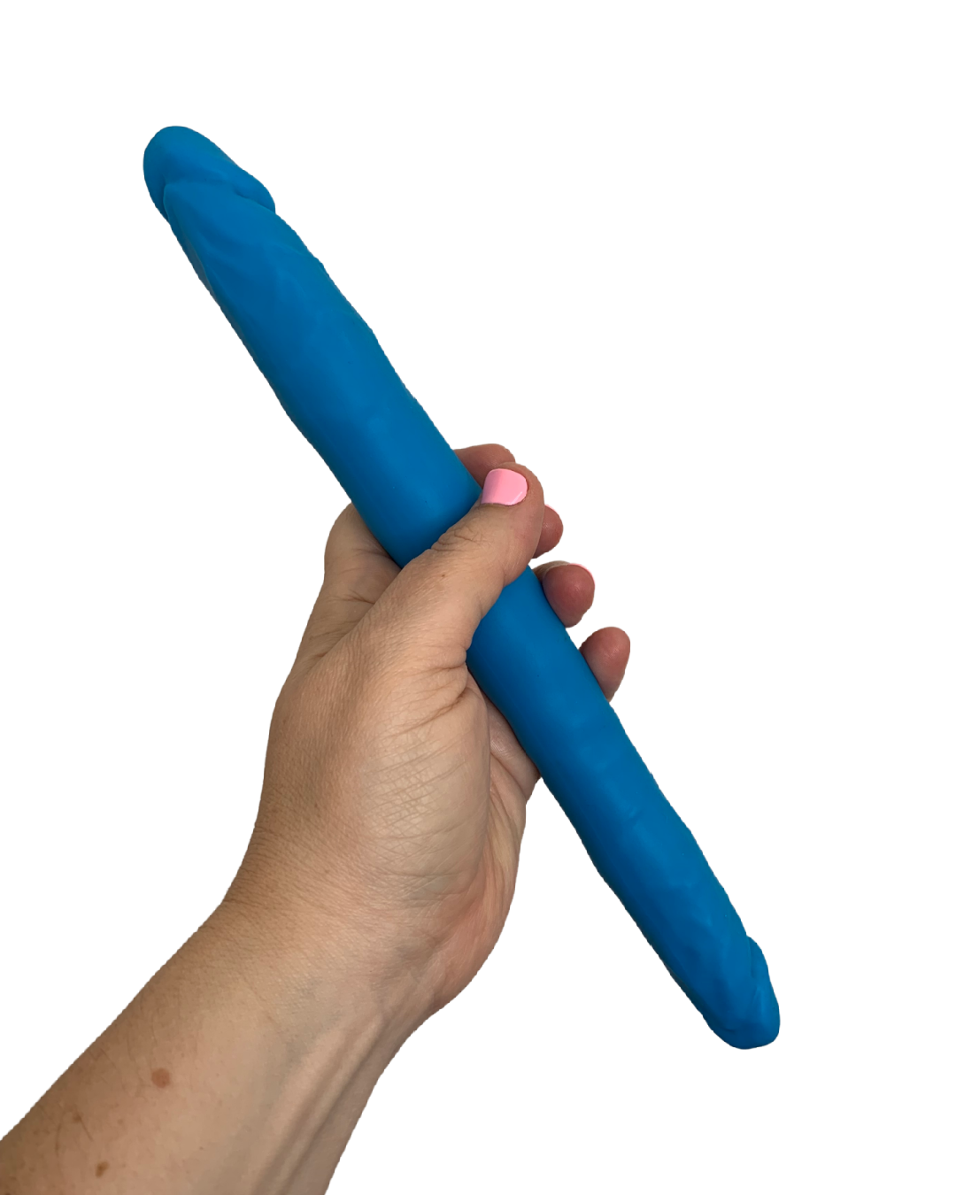 Colours 12 Inch Double Ended Dildo - Blue held in a hand