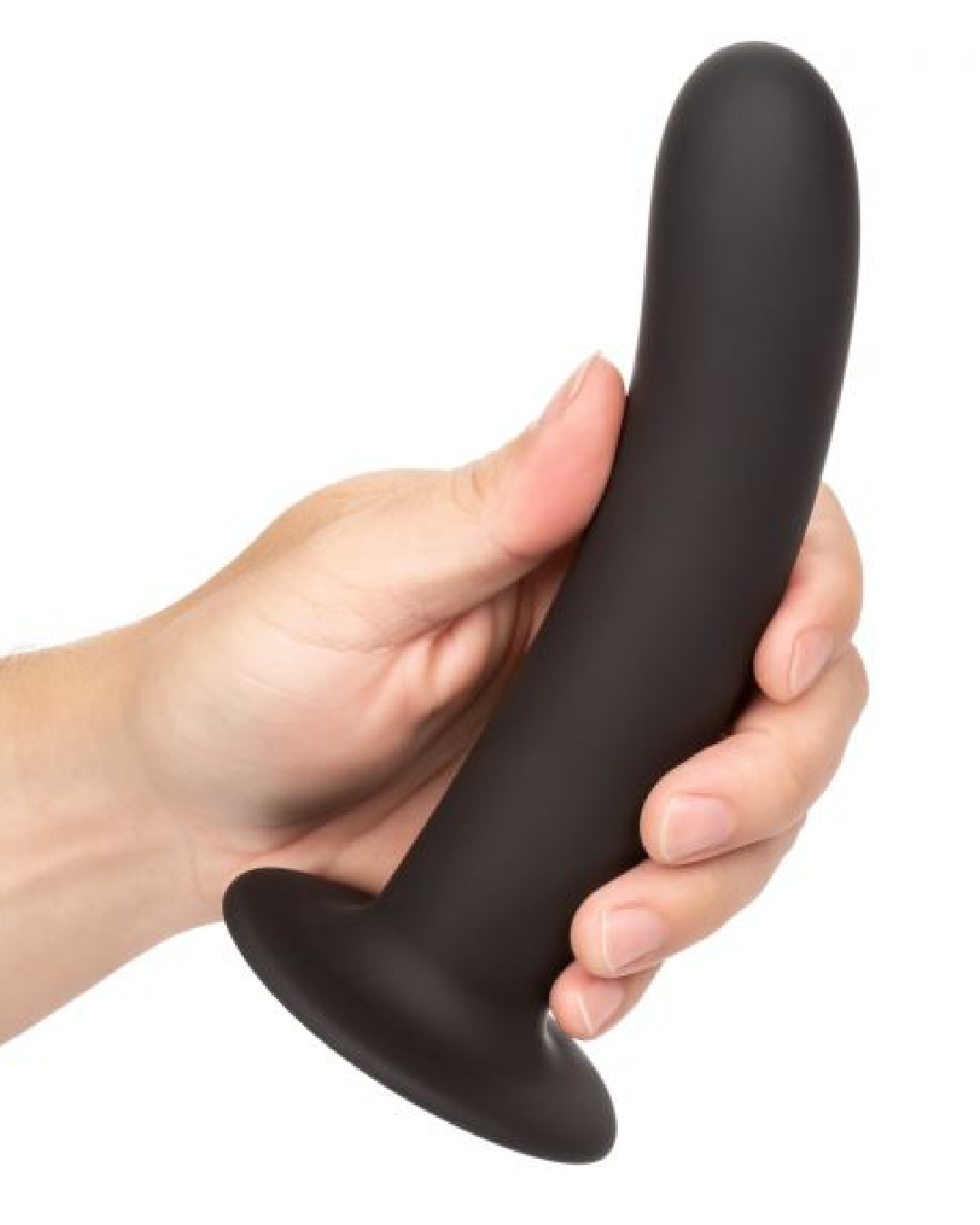Boundless 7 Inch Smooth Silicone Dildo - Black held in a hand showing the size in a close up