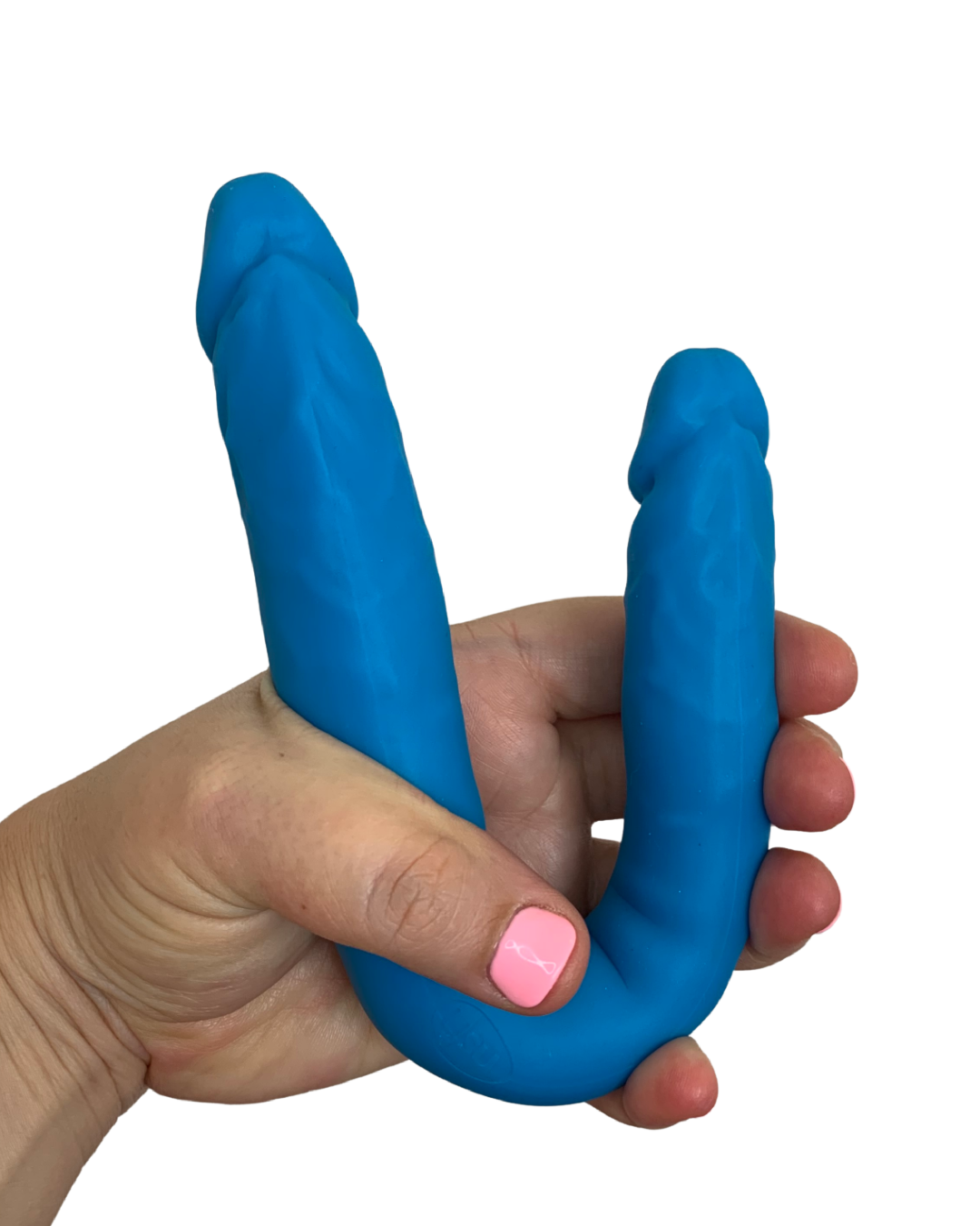 Colours 12 Inch Double Ended Dildo - Blue held in a hand in a U shape
