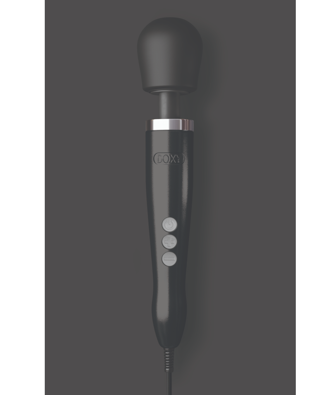 Doxy Die Cast Extra Powerful Wand Vibrator - Black against a contrasting grey background showing the buttons