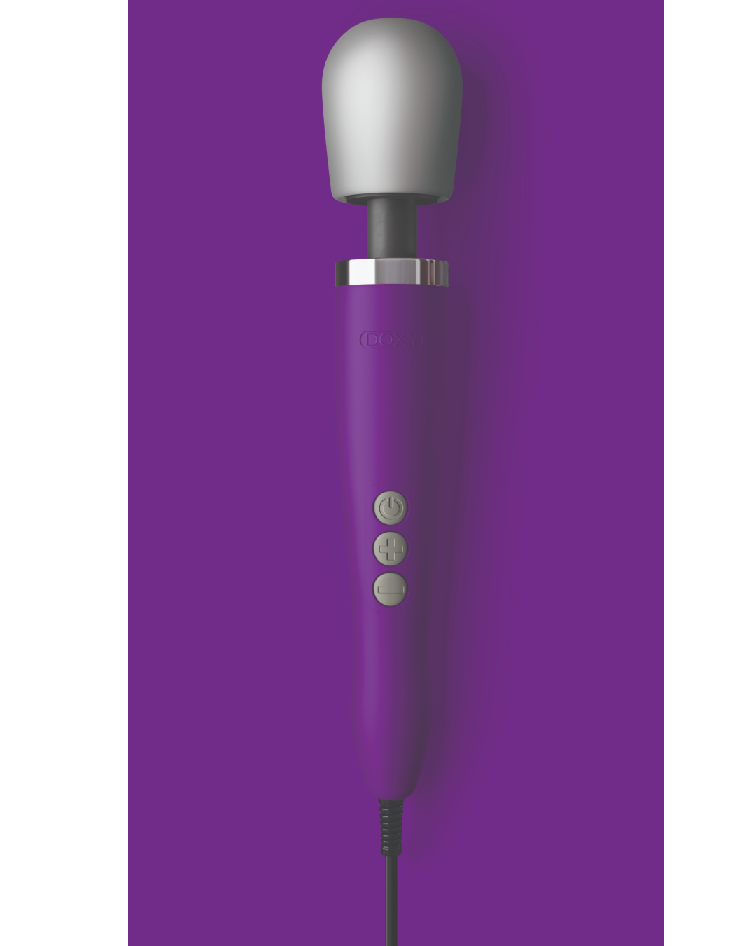 Doxy Extra Powerful Wand Vibrator - Purple on a lighter purple background front view of the whole wand and buttons