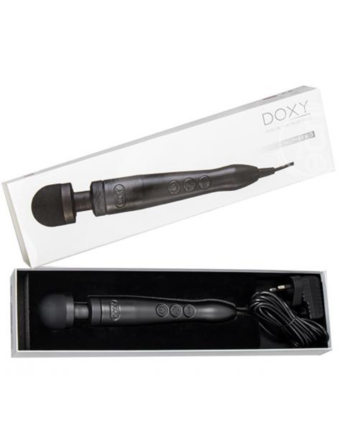 Doxy Number 3 Aluminum Extra Powerful Massage Wand Vibrator - Matte Black vibrator in box lid off 