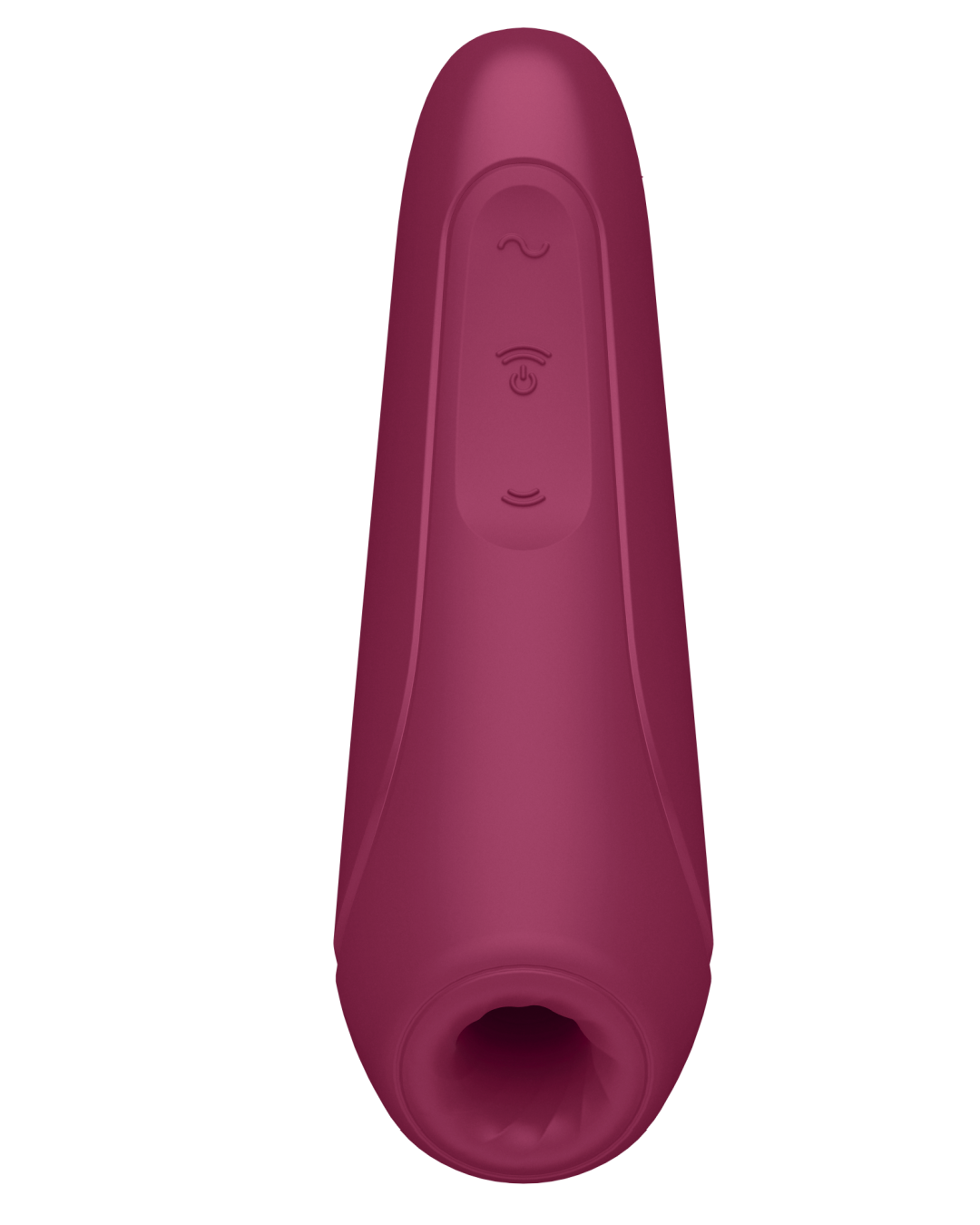 Satisfyer Curvy 1+ Pressure Wave + Vibration Stimulator - Dark Red face on showing the clitoral hole and buttons