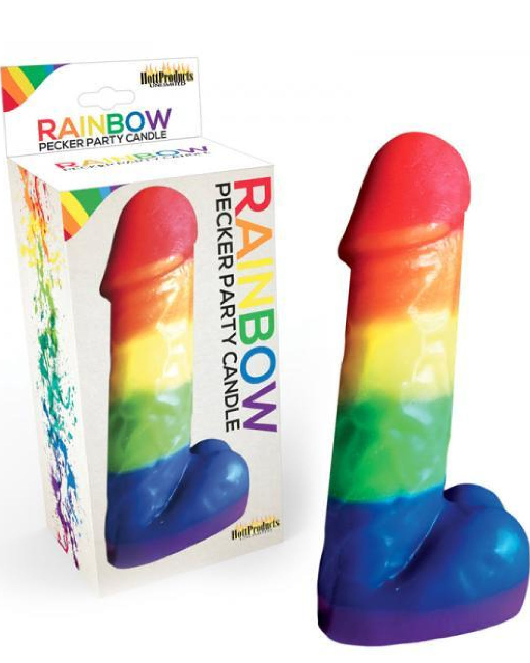 Rainbow Pecker 7 Inch Pride Candle next to product box 