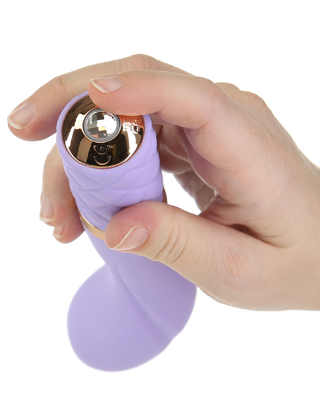 Pillow Talk Sassy G-spot Vibrator - Purple model's hand on bottom button 