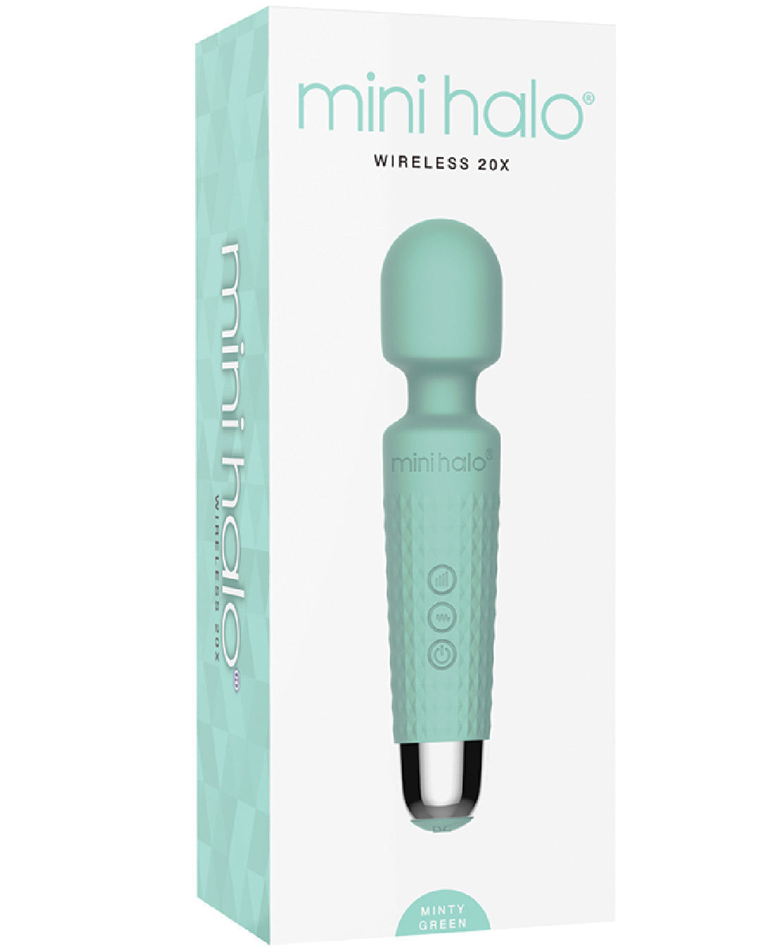 Mini Halo Extra Powerful Wand Vibrator - Mint Green product box on white background 