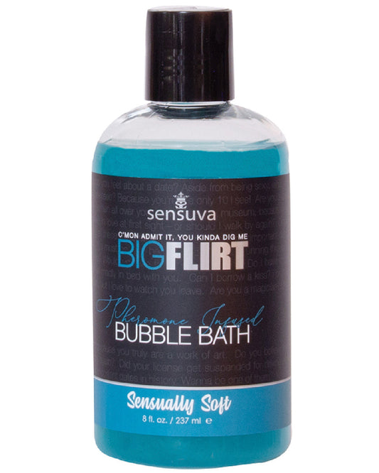 Big Flirt Pheromone Infused Bubble Bath 8 oz - Sunsually Soft  bottle with blue liquid 