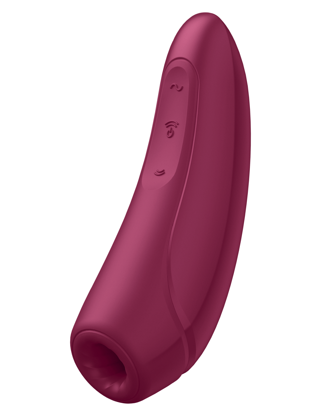 Satisfyer Curvy 1+ Pressure Wave + Vibration Stimulator - Dark Red against a white background side view showing the control buttons