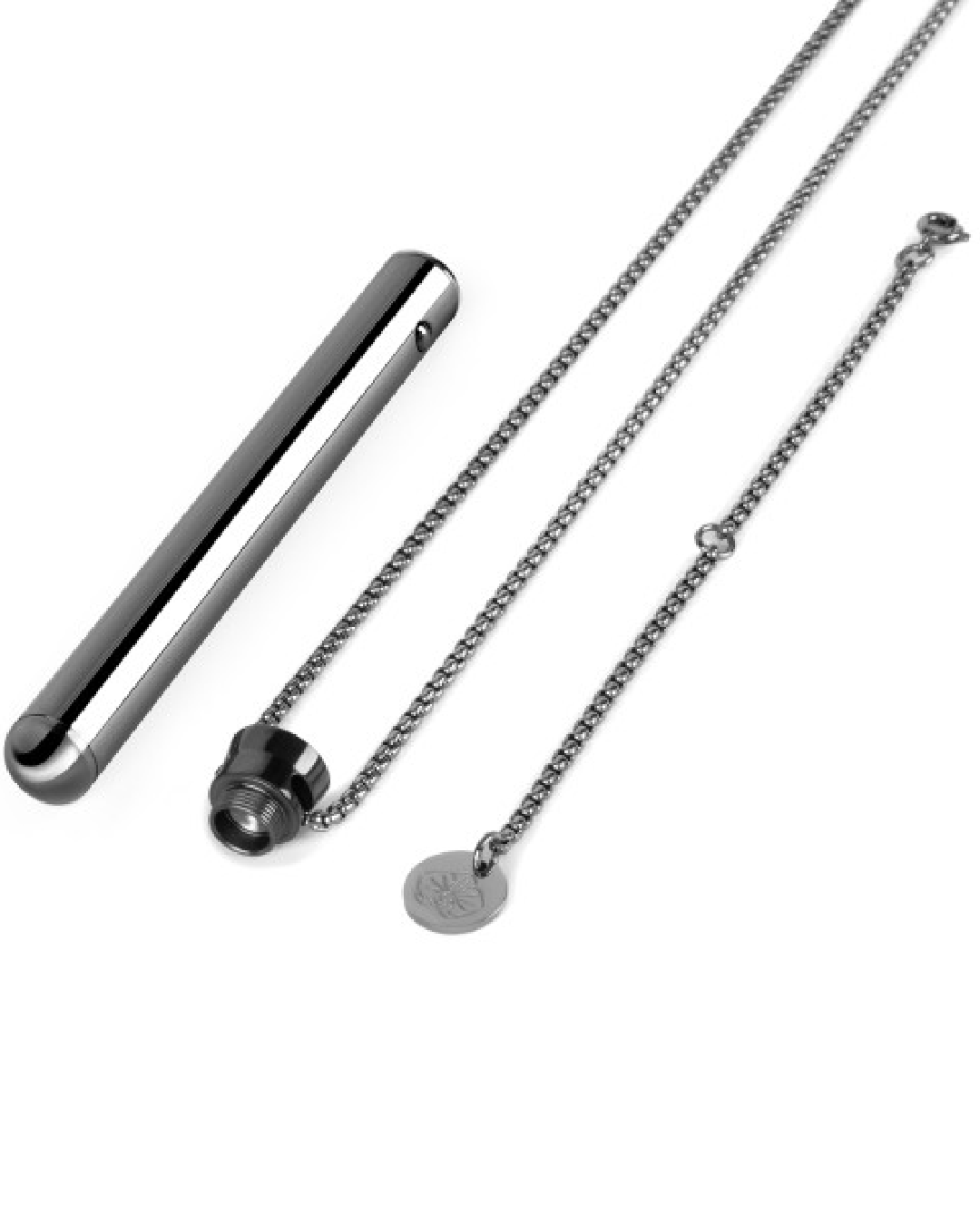 Le Wand Vibrating Necklace - Black vibe next to chain and extender 