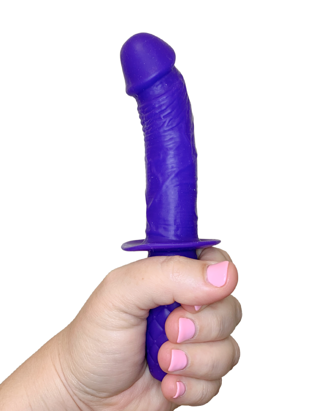 Silicone Grip Thruster 7.5 Inch G-Spot Dildo - Purple held in a hand