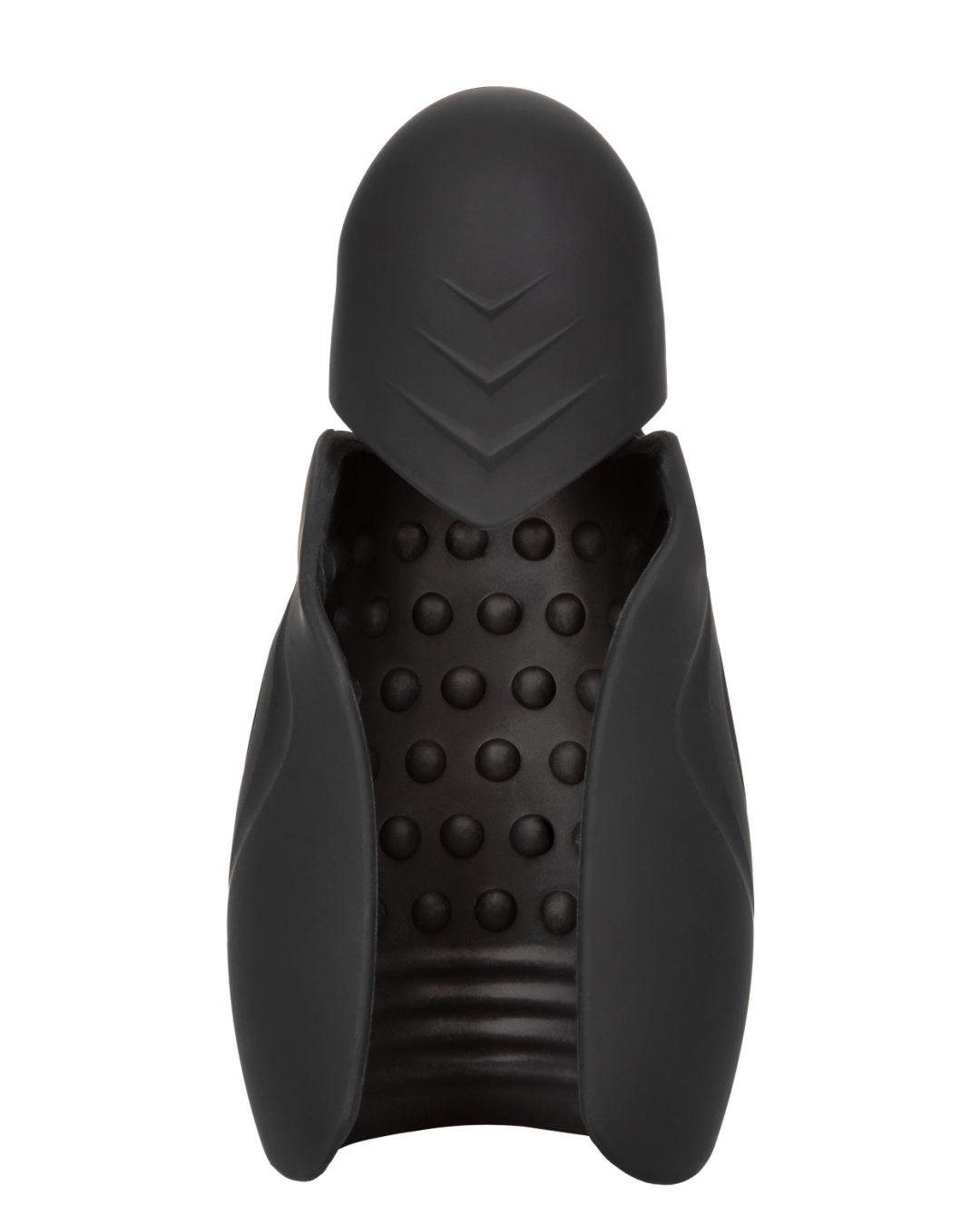 Optimum Power Elite Vibrating Penis Stroker with Head Teaser vertical against a white background with an interior view of the pleasure nubs