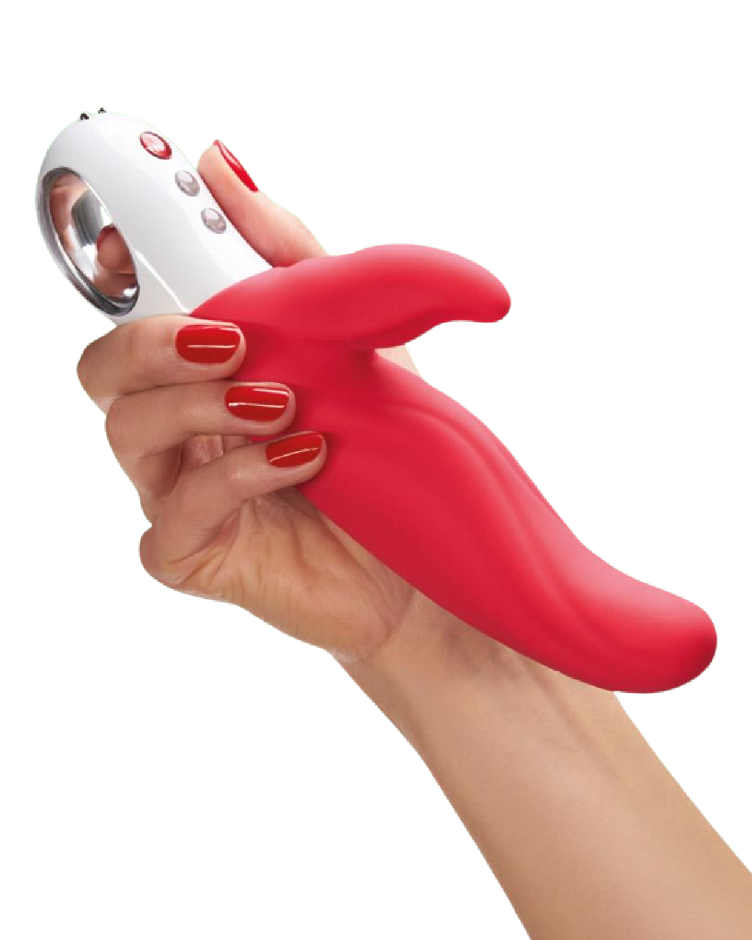 Fun Factory Lady Bi Dual Stimulator Vibrator - India Red held in a hand