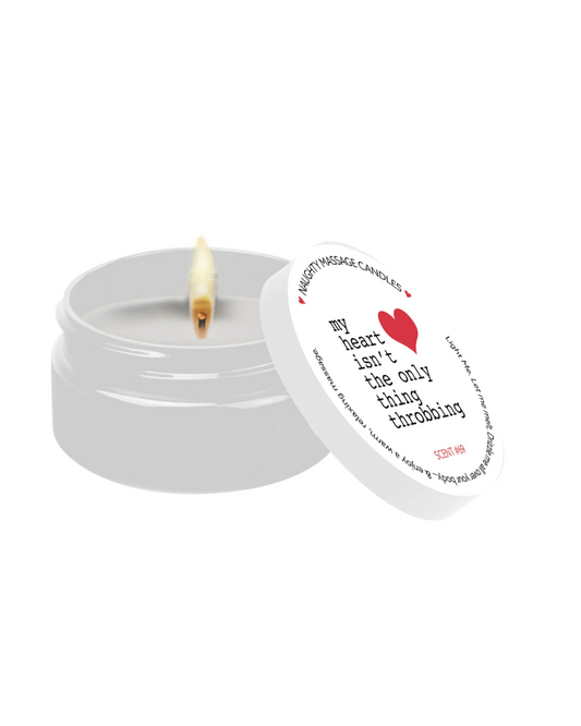 Valentine Massage Oil Candle - My Heart Isn't the Only Thing That's Throbbing tin next to lid 