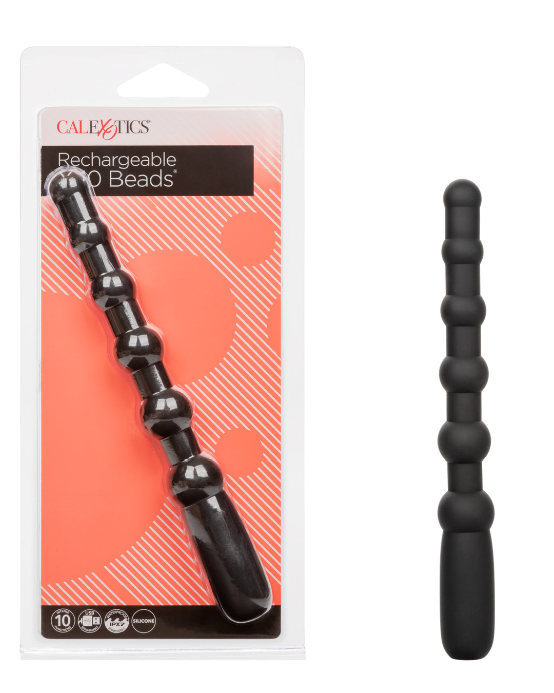 Rechargeable X-10 Powerful Black Silicone Vibrating Anal Beads next to package 