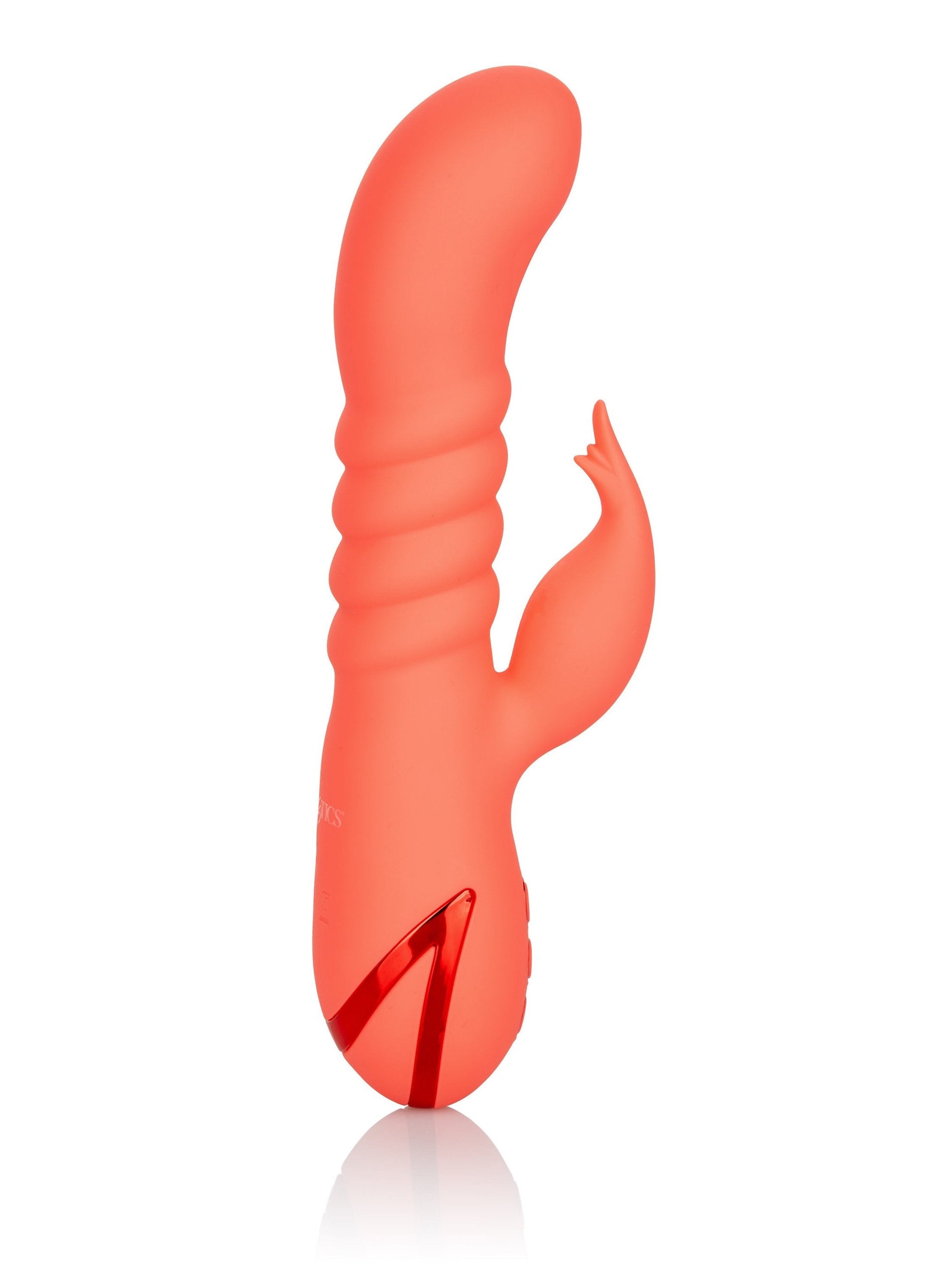 California Dreaming Orange County Cutie Thrusting Rabbit Vibrator  against a white background side view showing the shaft and g-spot curve