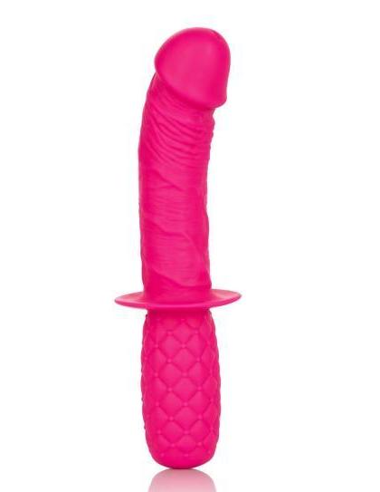 Silicone Grip Thruster 7.5" G-Spot Dildo by CalExotics - Pink against a white background showing a side view of the angled tip and ridges